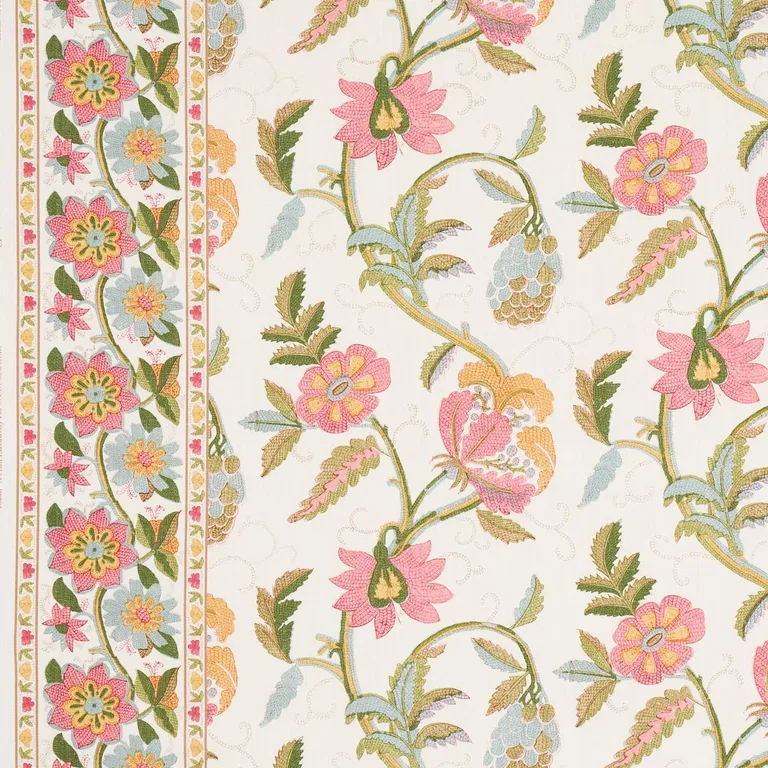 Schumacher 180111 Indali Bordered Linen Pink And Leaf fabric swatch