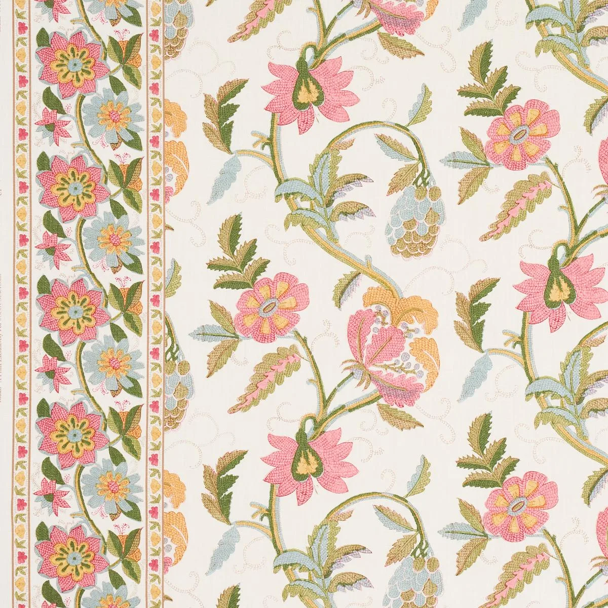 Schumacher 180111 Indali Bordered Linen Pink And Leaf fabric swatch