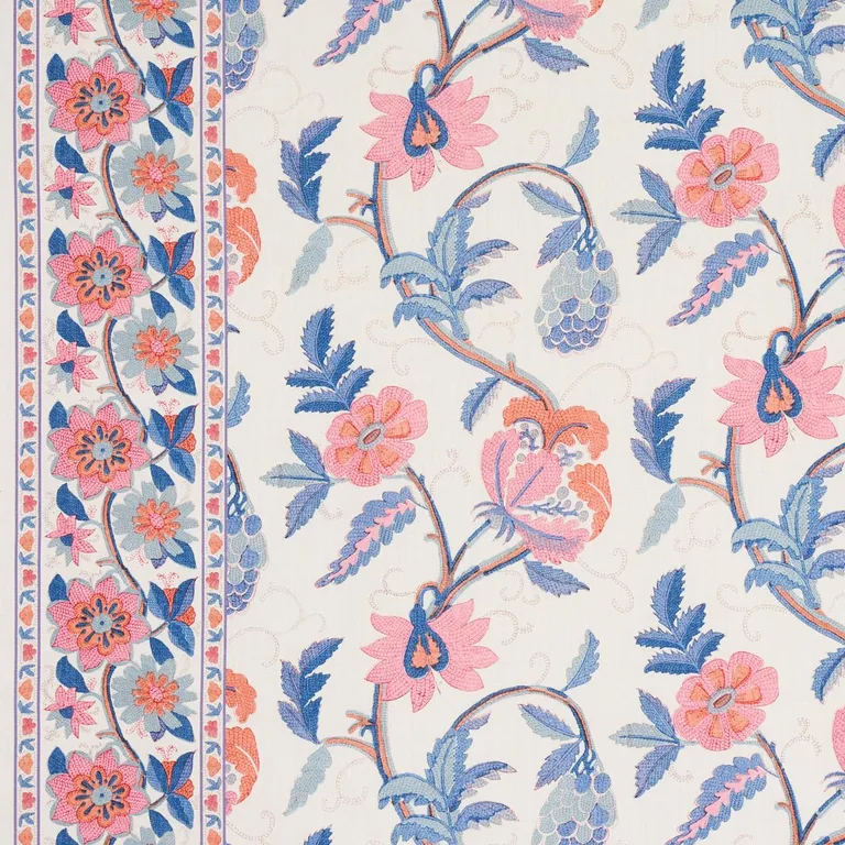 Schumacher 180112 Indali Bordered Linen Rose And Indigo fabric swatch