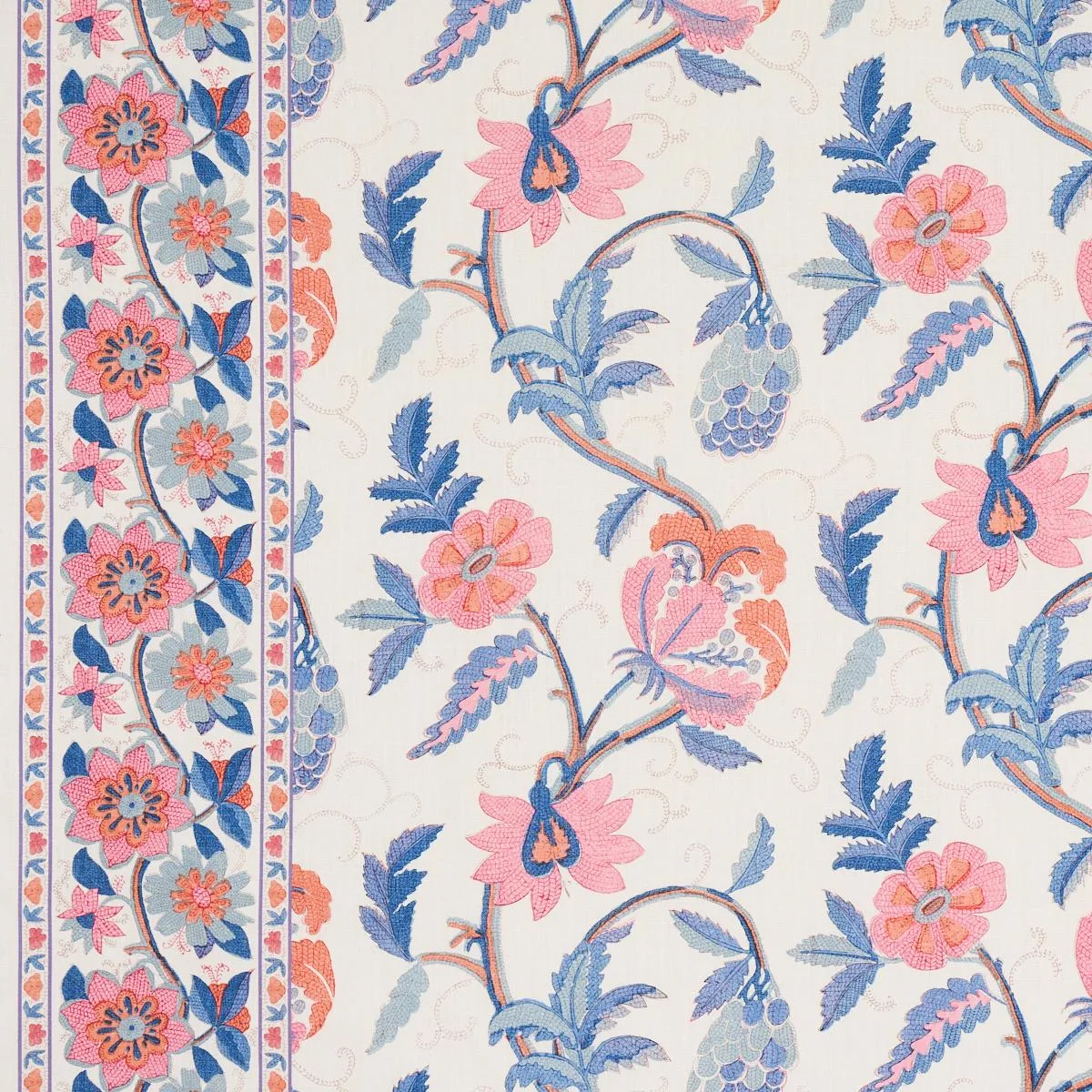 Schumacher 180112 Indali Bordered Linen Rose And Indigo fabric swatch