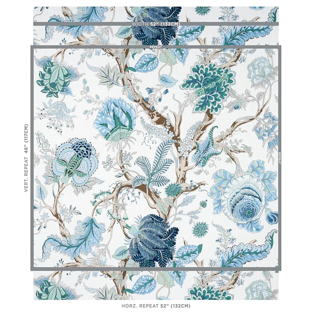 Schumacher 175784 Indian Arbre Peacock & Emerald fabric swatch
