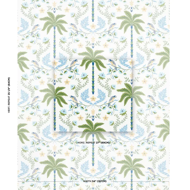 Schumacher 180980 Island Palm Indoor/Outdoor Blue & Green fabric swatch