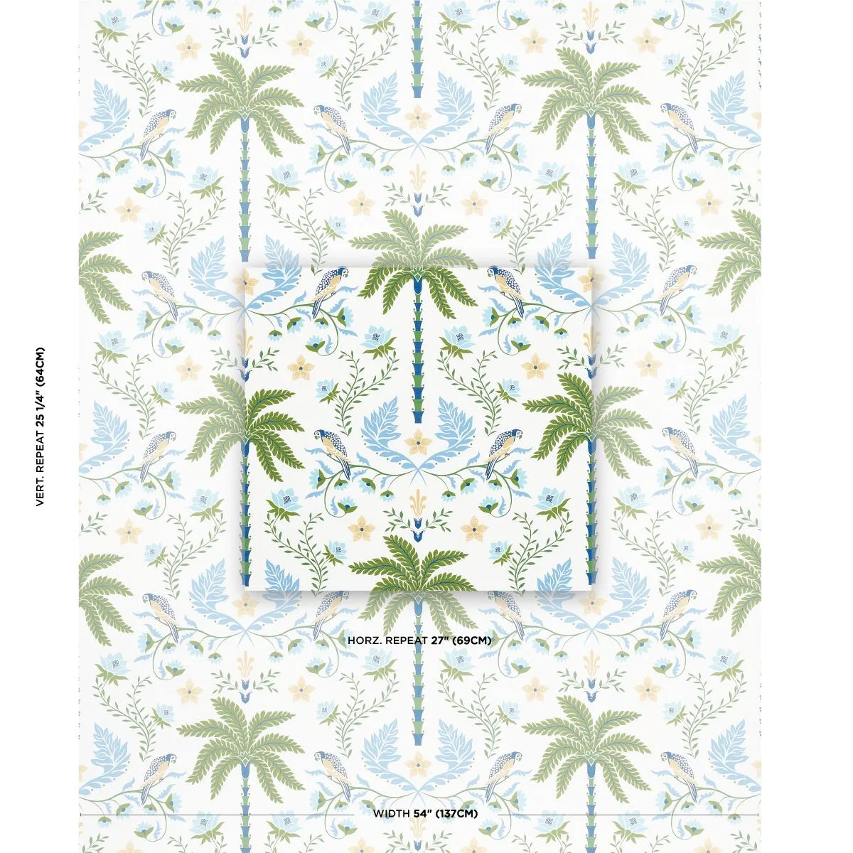 Schumacher 180980 Island Palm Indoor/Outdoor Blue & Green fabric swatch
