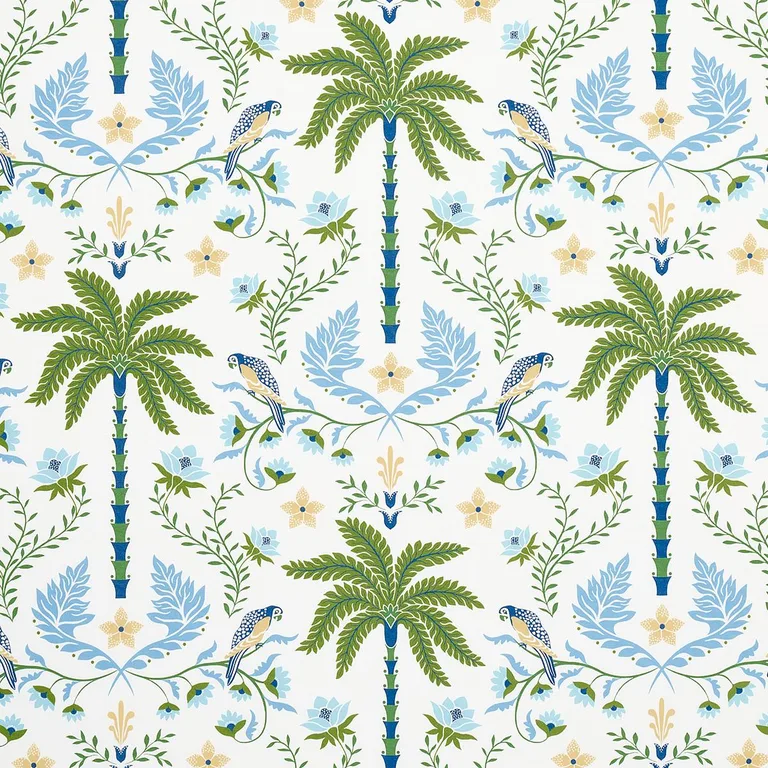 Schumacher 180980 Island Palm Indoor/Outdoor Blue & Green fabric swatch