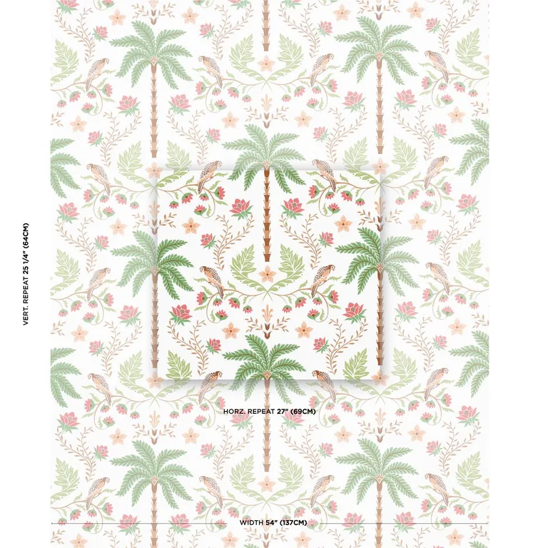 Schumacher 180981 Island Palm Indoor/Outdoor Coral & Green fabric swatch