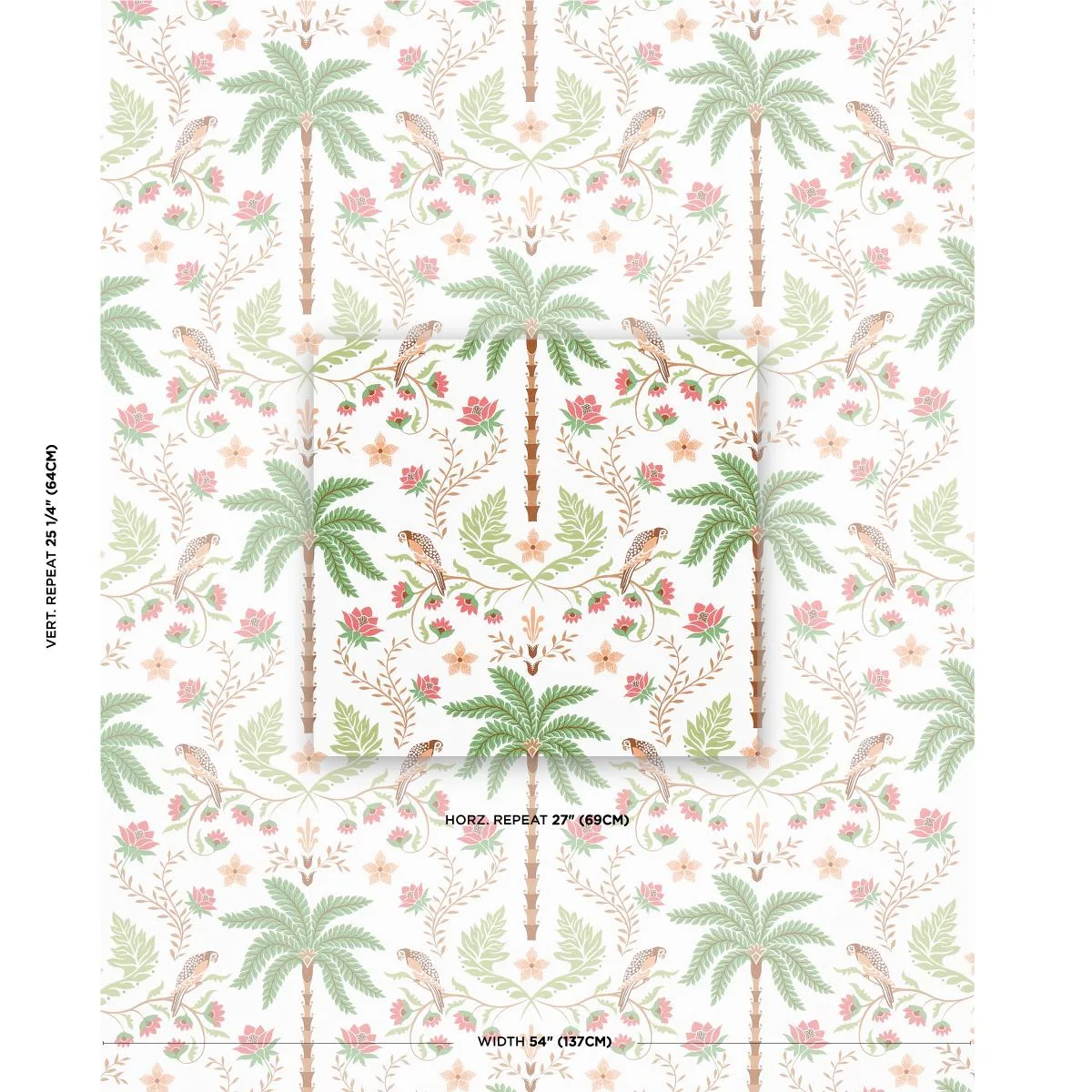 Schumacher 180981 Island Palm Indoor/Outdoor Coral & Green fabric swatch