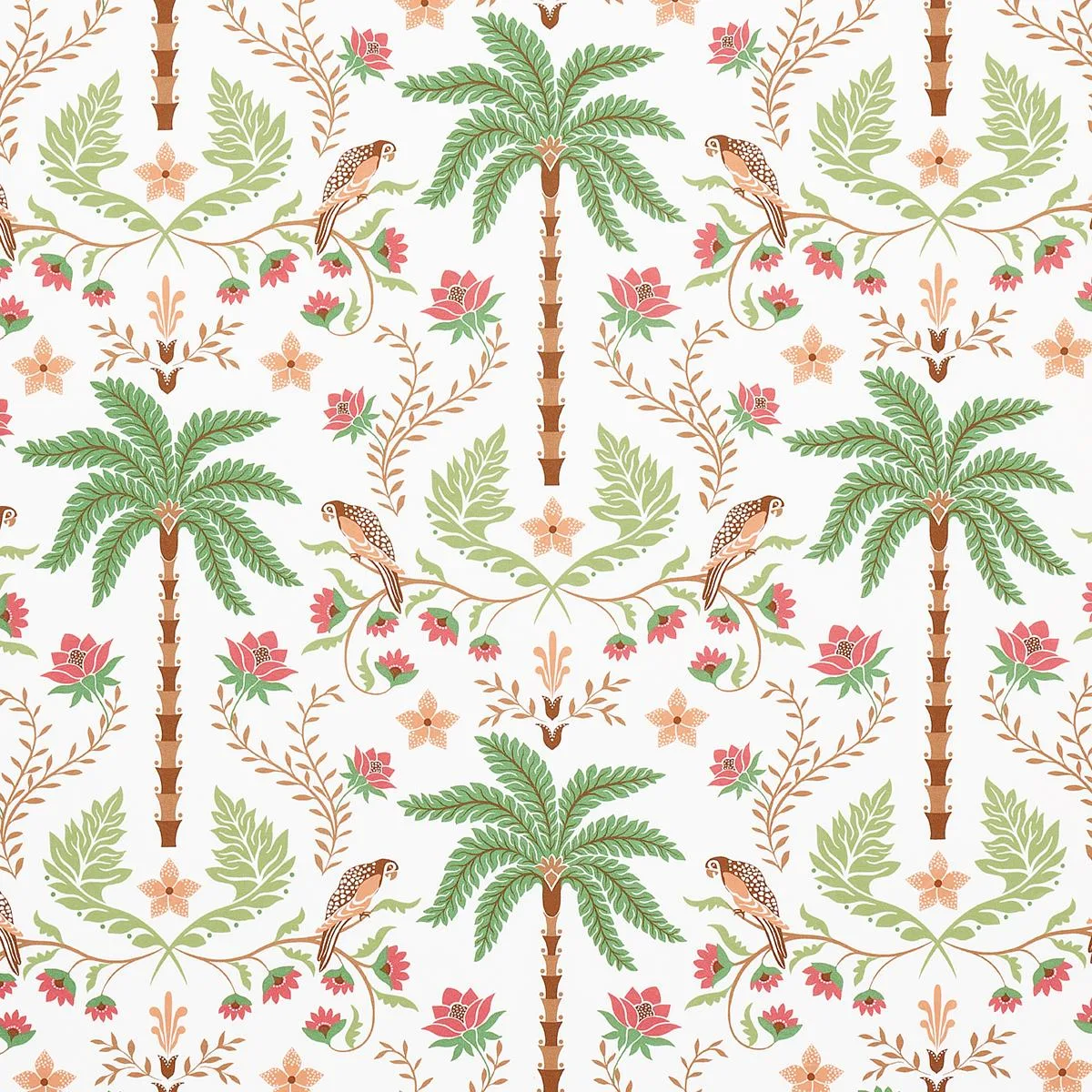 Schumacher 180981 Island Palm Indoor/Outdoor Coral & Green fabric swatch