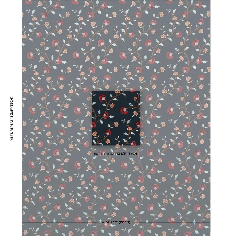 Schumacher 83662 Iyla Embroidery Midnight & Rouge fabric swatch