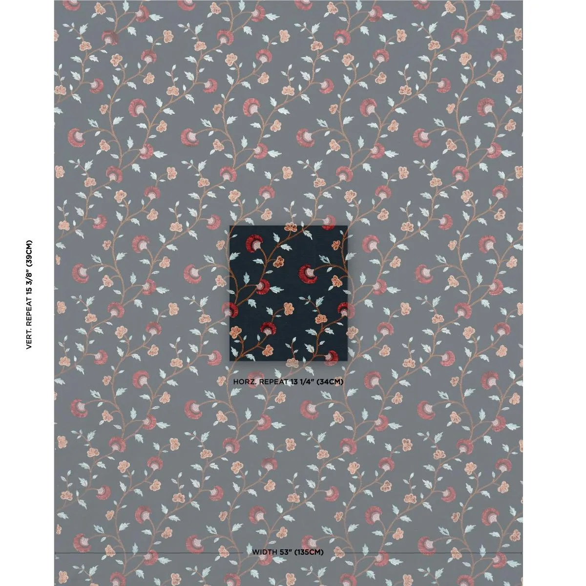 Schumacher 83662 Iyla Embroidery Midnight & Rouge fabric swatch