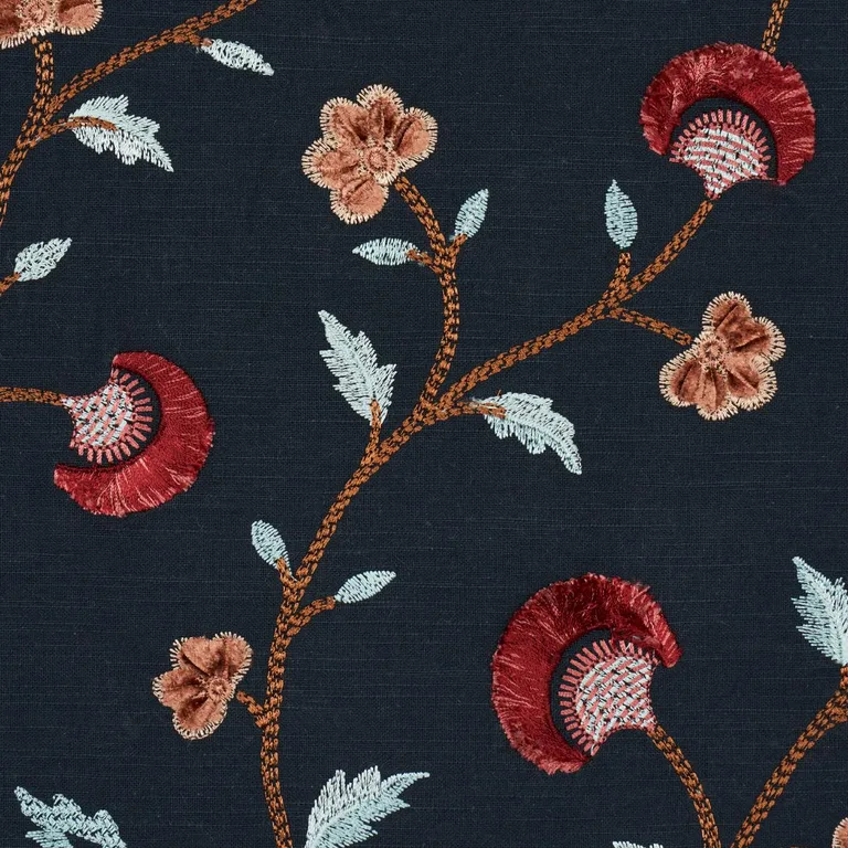 Schumacher 83662 Iyla Embroidery Midnight & Rouge fabric swatch