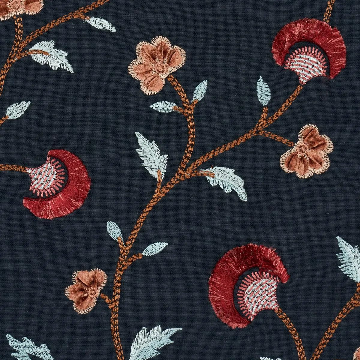 Schumacher 83662 Iyla Embroidery Midnight & Rouge fabric swatch
