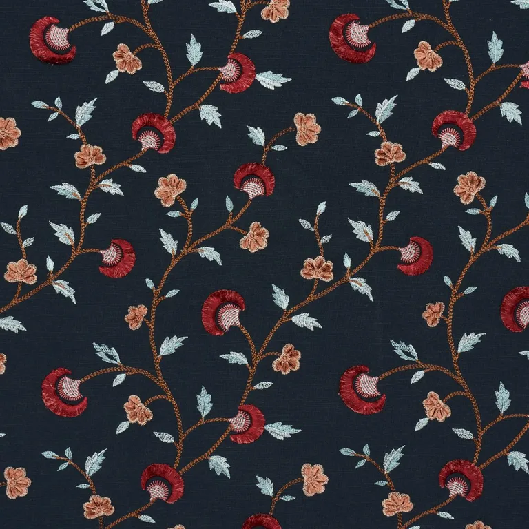 Schumacher 83662 Iyla Embroidery Midnight & Rouge fabric swatch