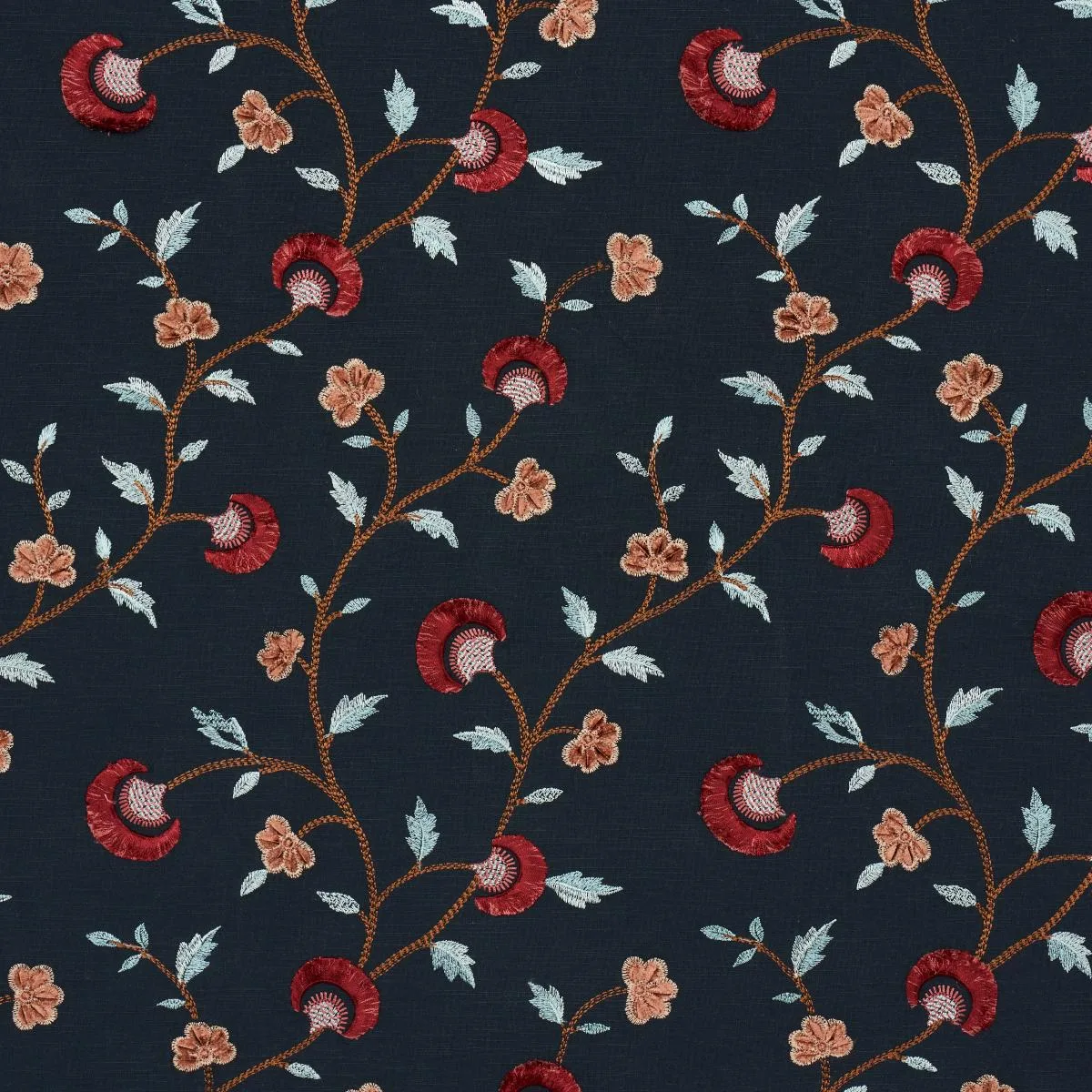 Schumacher 83662 Iyla Embroidery Midnight & Rouge fabric swatch