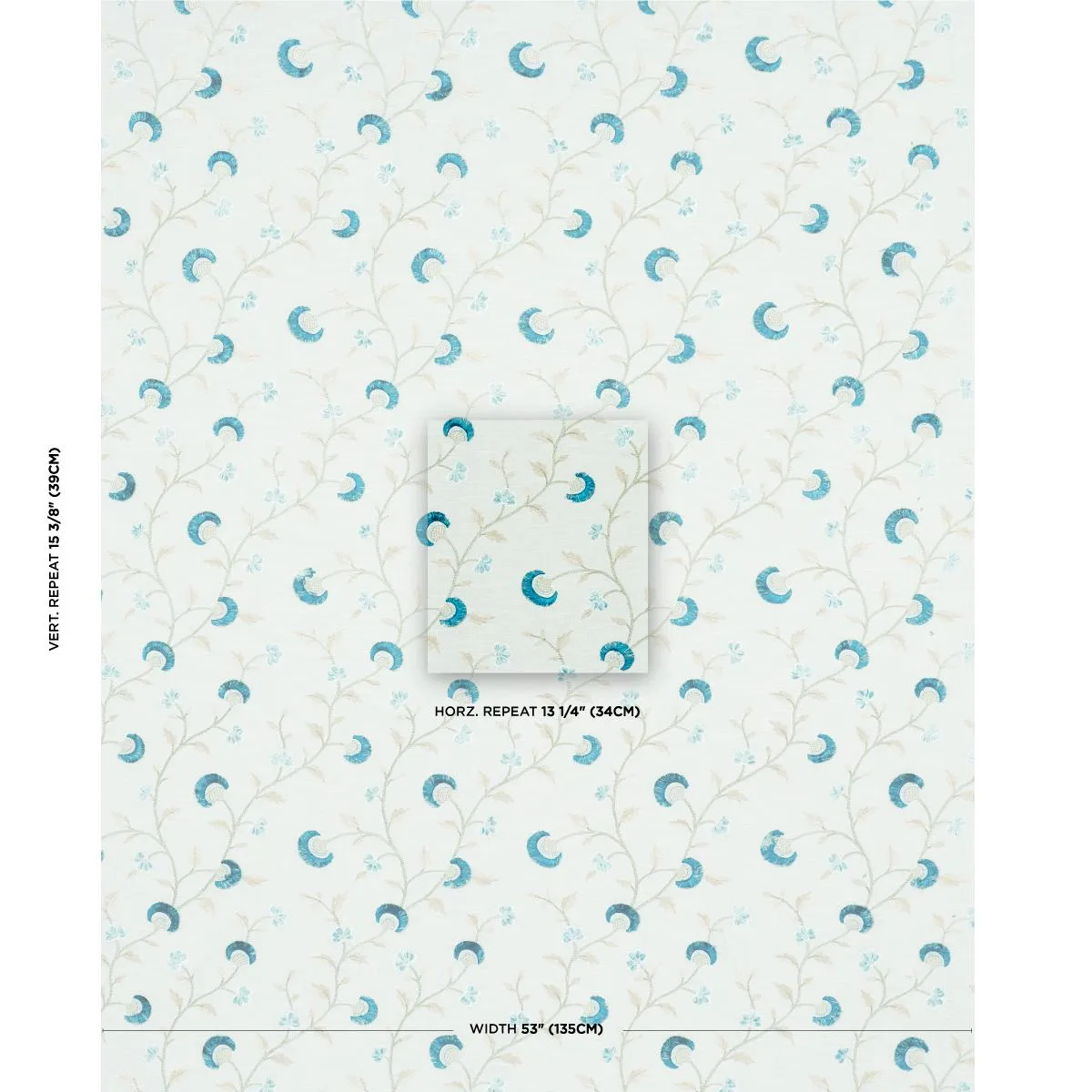 Schumacher 83661 Iyla Embroidery Mineral & Teal fabric swatch