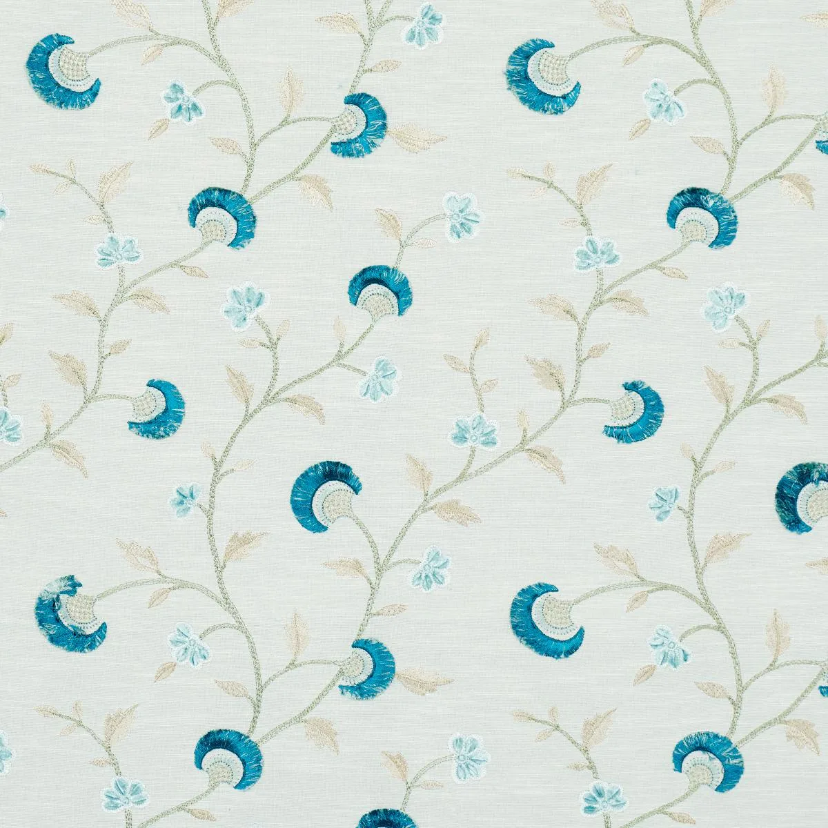 Schumacher 83661 Iyla Embroidery Mineral & Teal fabric swatch