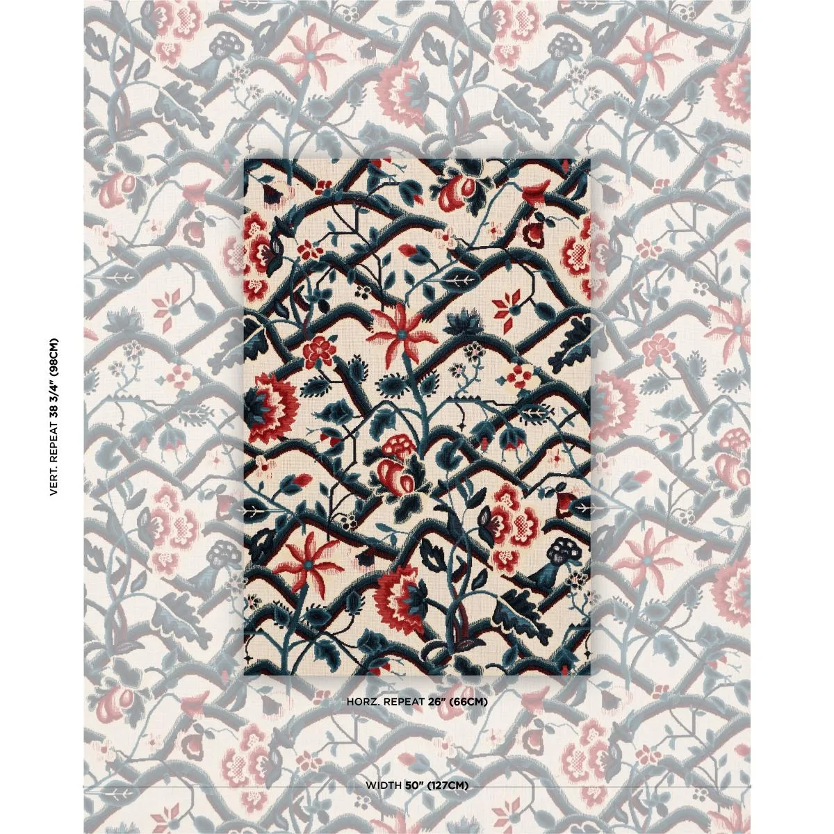Schumacher 84821 Jacobean Garden Velvet Cinnabar & Peacock fabric swatch