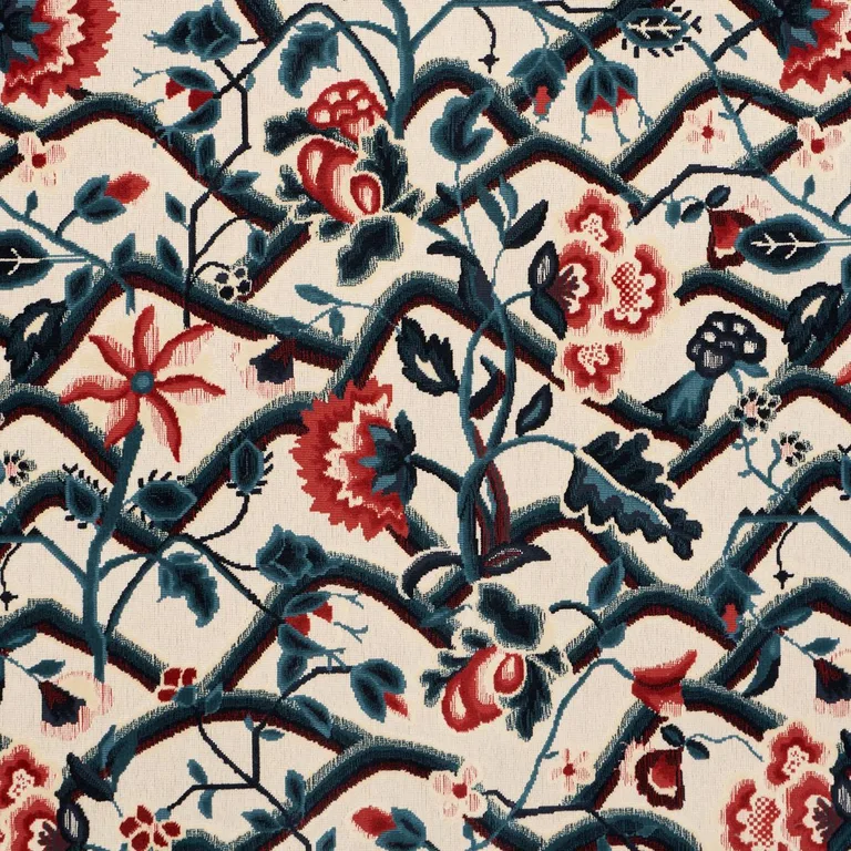 Schumacher 84821 Jacobean Garden Velvet Cinnabar & Peacock fabric swatch
