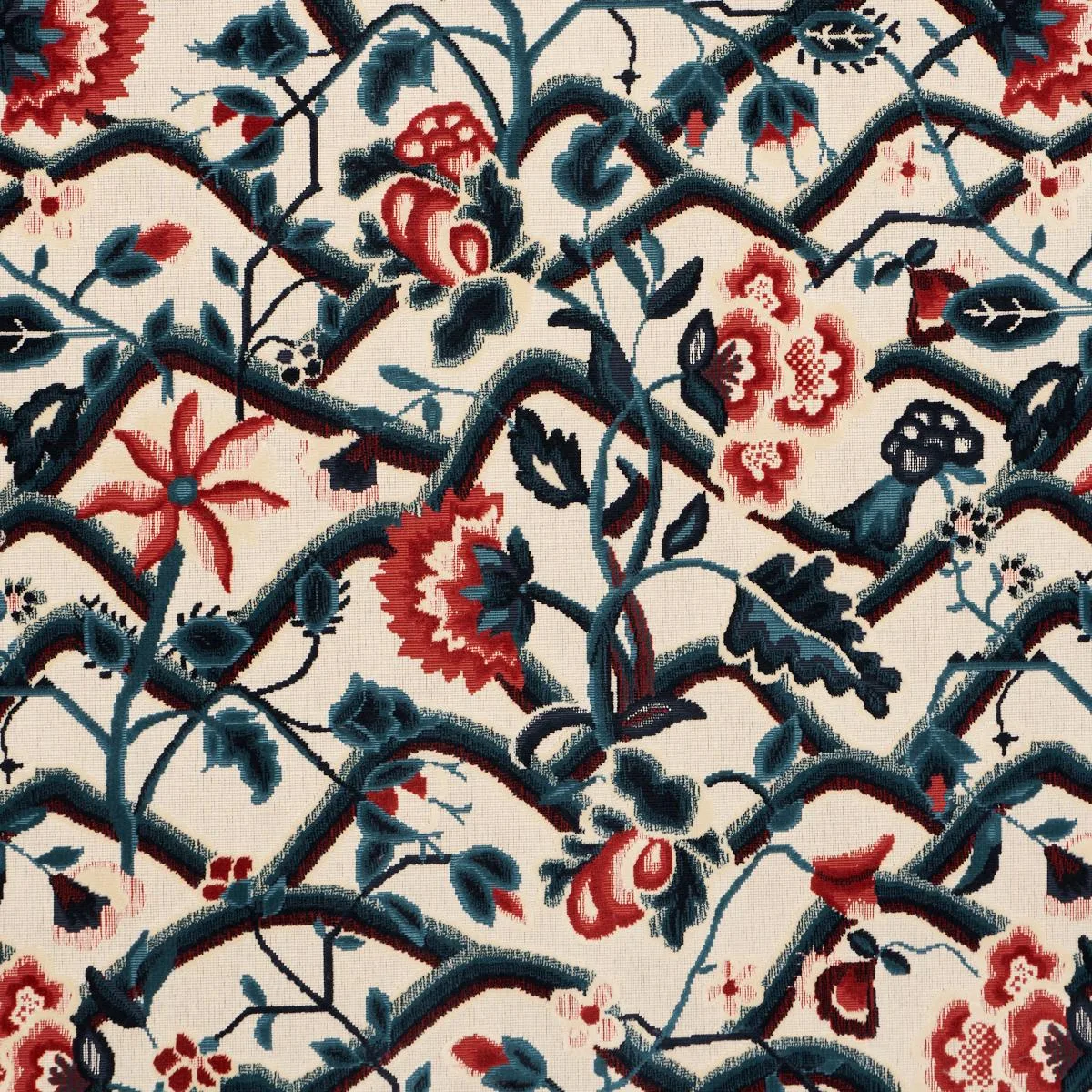 Schumacher 84821 Jacobean Garden Velvet Cinnabar & Peacock fabric swatch