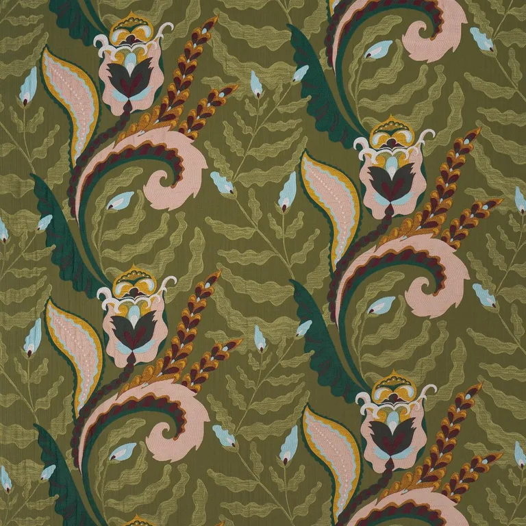 Schumacher 85491 Jaipur Fantaisie Moss fabric swatch