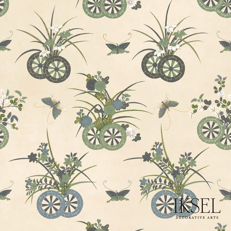 Schumacher RF608CR41 Japanese Chariots Rice-Green fabric swatch