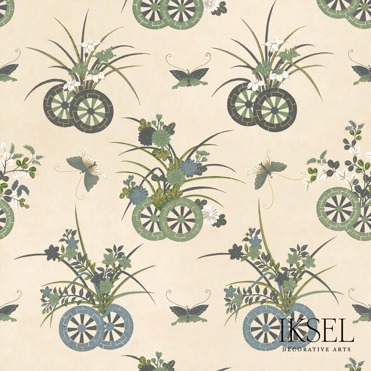 Schumacher RF608CR41 Japanese Chariots Rice-Green fabric swatch