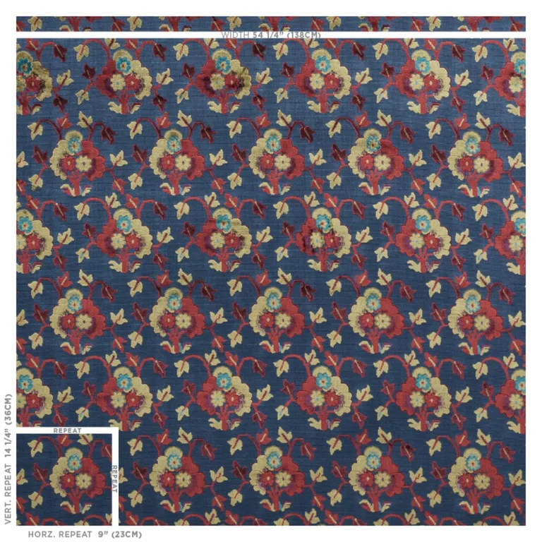 Schumacher 77741 Jennie Velvet Blue & Red fabric swatch