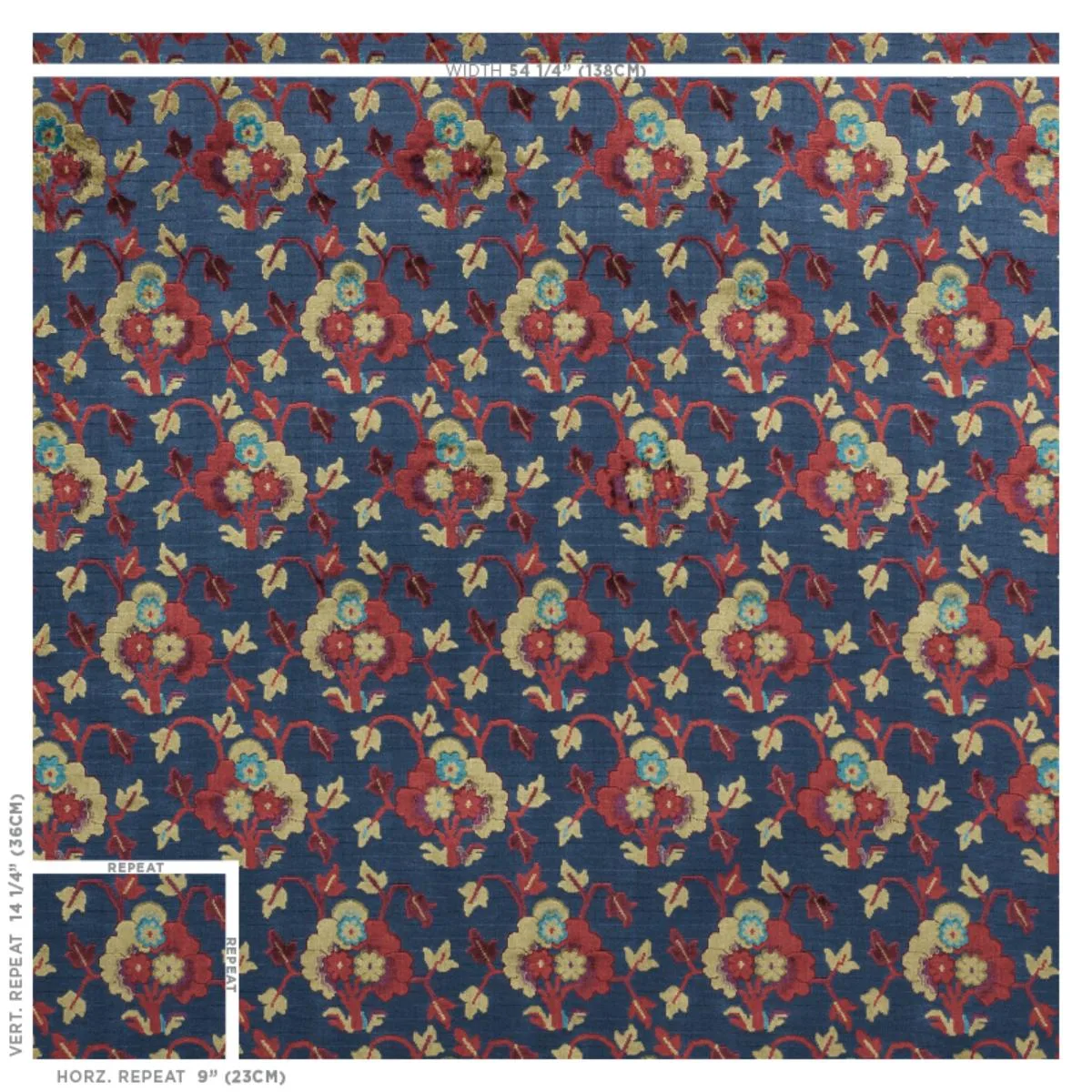 Schumacher 77741 Jennie Velvet Blue & Red fabric swatch