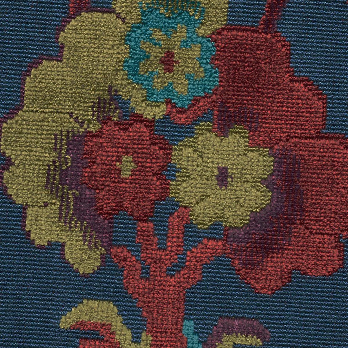Schumacher 77741 Jennie Velvet Blue & Red fabric swatch