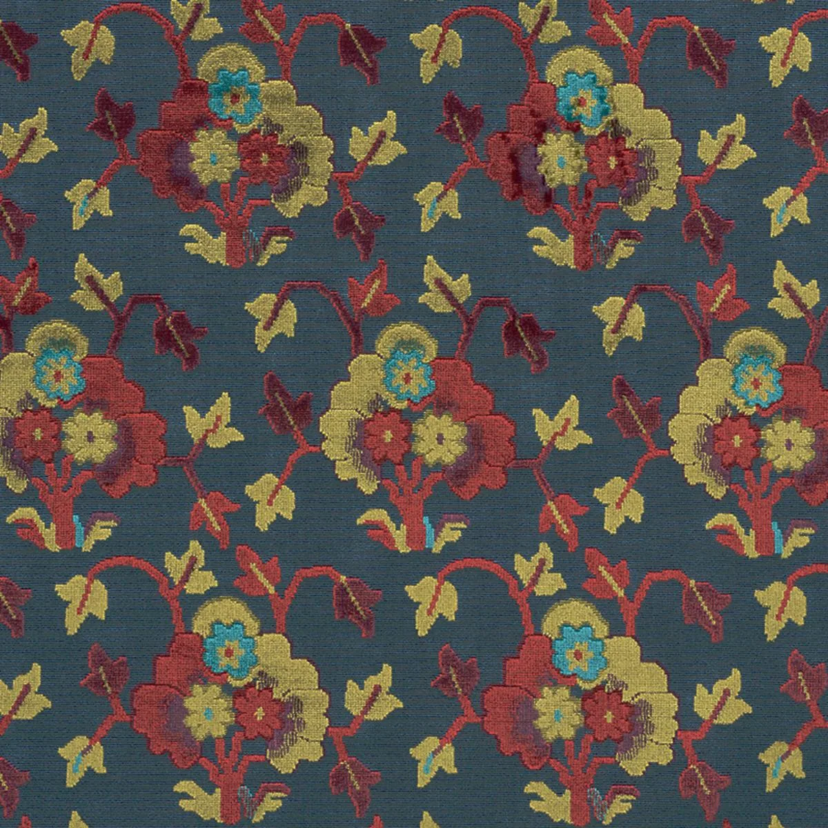 Schumacher 77741 Jennie Velvet Blue & Red fabric swatch