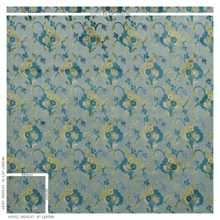 Schumacher 77742 Jennie Velvet Peacock & Celadon fabric swatch