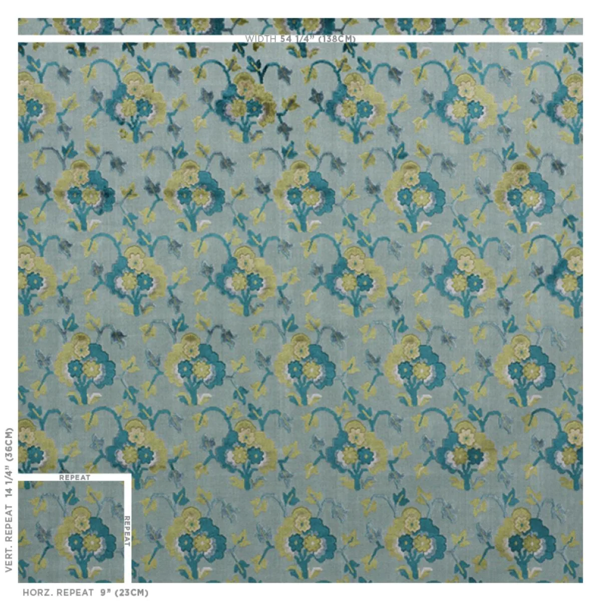 Schumacher 77742 Jennie Velvet Peacock & Celadon fabric swatch