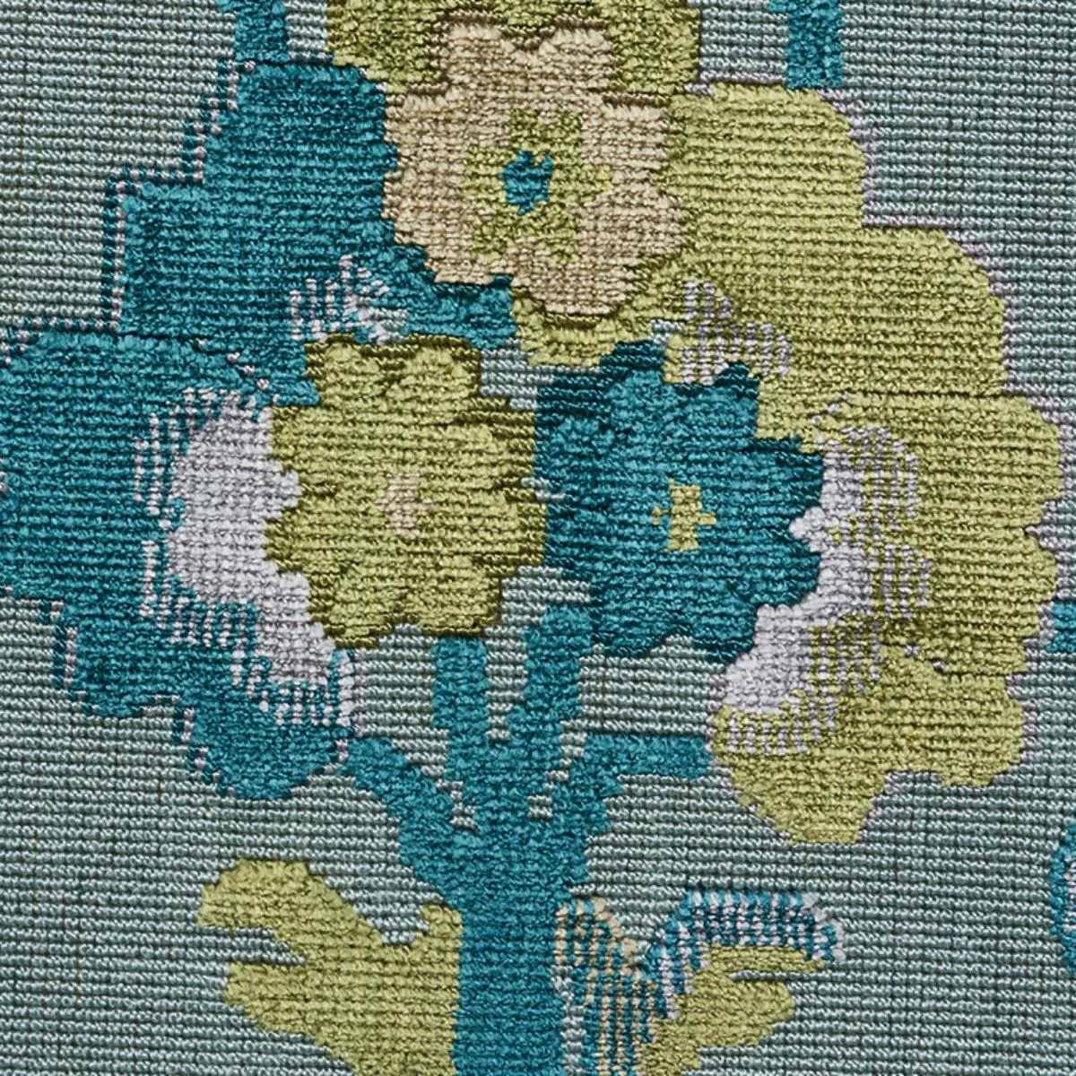 Schumacher 77742 Jennie Velvet Peacock & Celadon fabric swatch