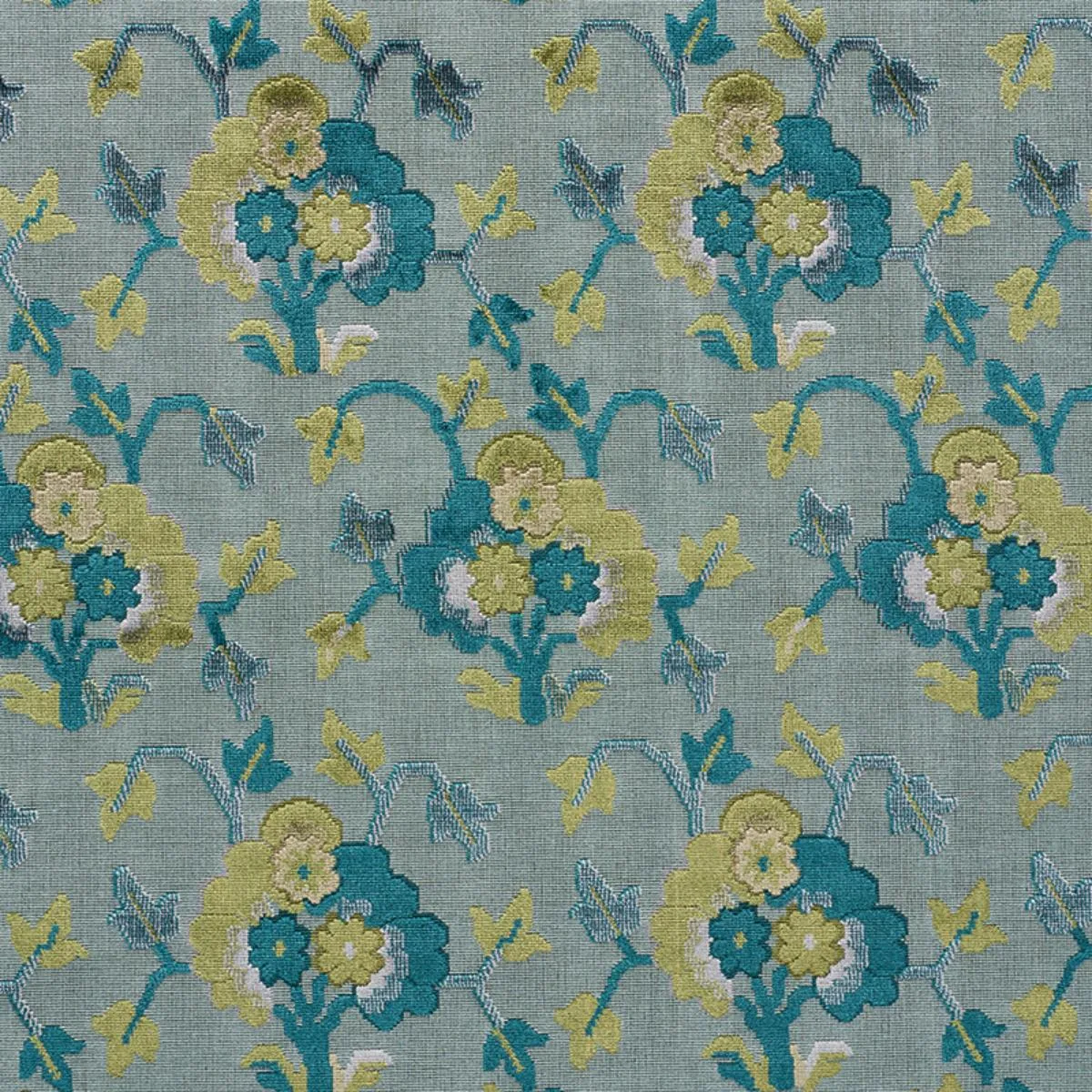 Schumacher 77742 Jennie Velvet Peacock & Celadon fabric swatch