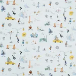 Schumacher 182330 Joana Avillez's Street Scenes Multicolor On Sky Blue fabric swatch