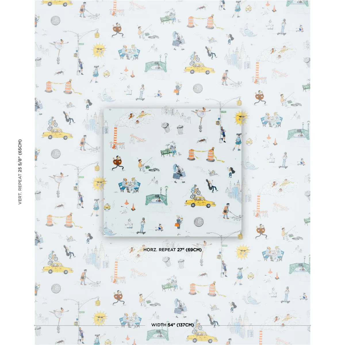 Schumacher 182330 Joana Avillez's Street Scenes Multicolor On Sky Blue fabric swatch