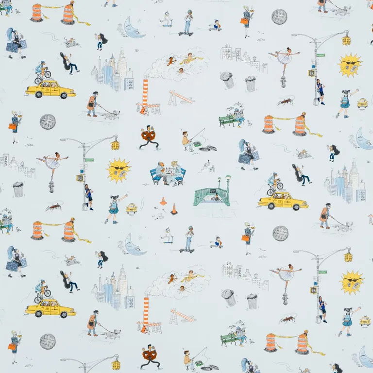 Schumacher 182330 Joana Avillez's Street Scenes Multicolor On Sky Blue fabric swatch