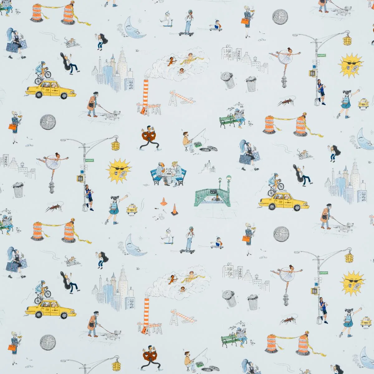 Schumacher 182330 Joana Avillez's Street Scenes Multicolor On Sky Blue fabric swatch