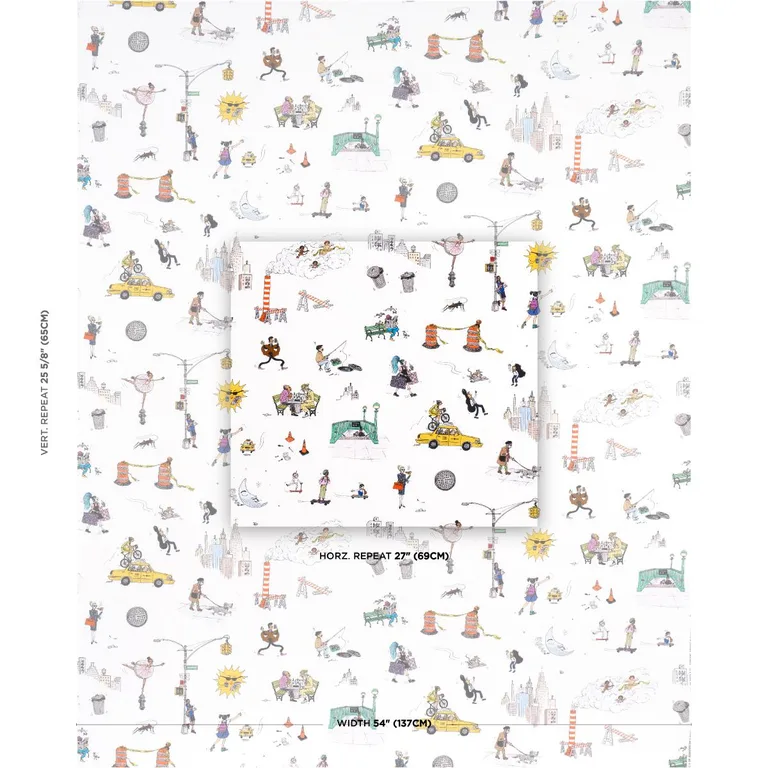 Schumacher 182332 Joana Avillez's Street Scenes Multicolor On White fabric swatch