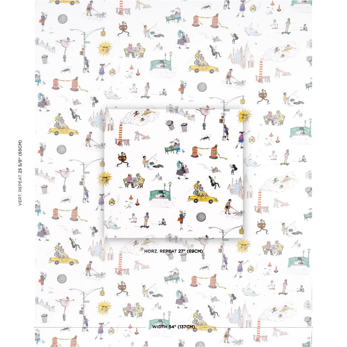 Schumacher 182332 Joana Avillez's Street Scenes Multicolor On White fabric swatch