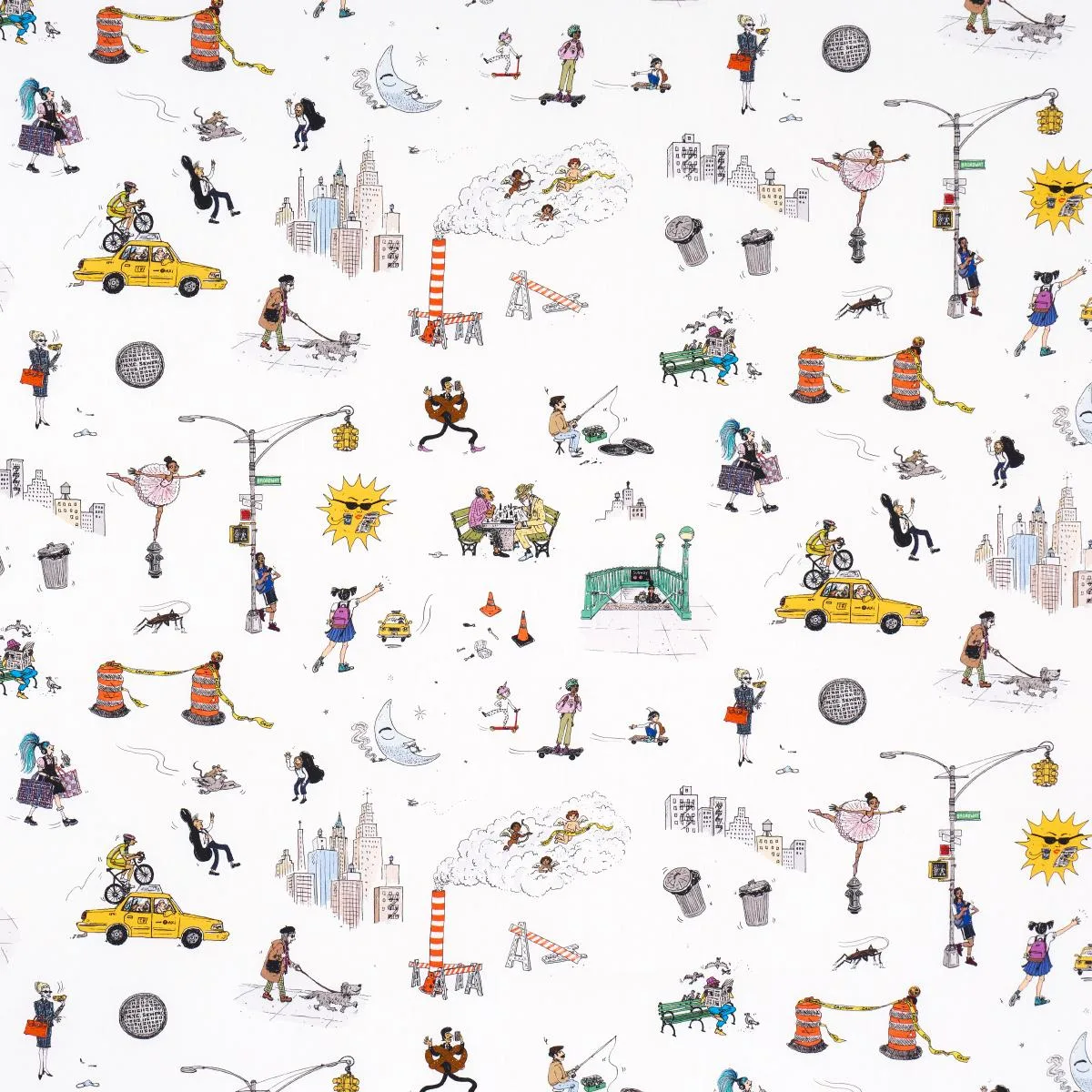 Schumacher 182332 Joana Avillez's Street Scenes Multicolor On White fabric swatch