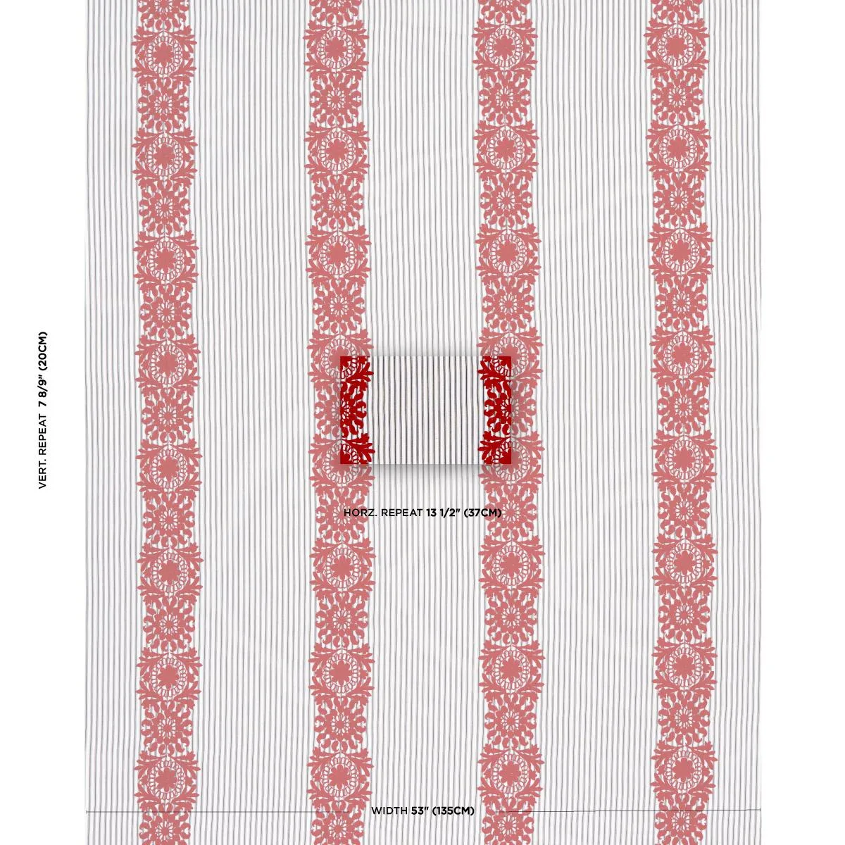 Schumacher 81542 Joelle Stripe Red On Black fabric swatch