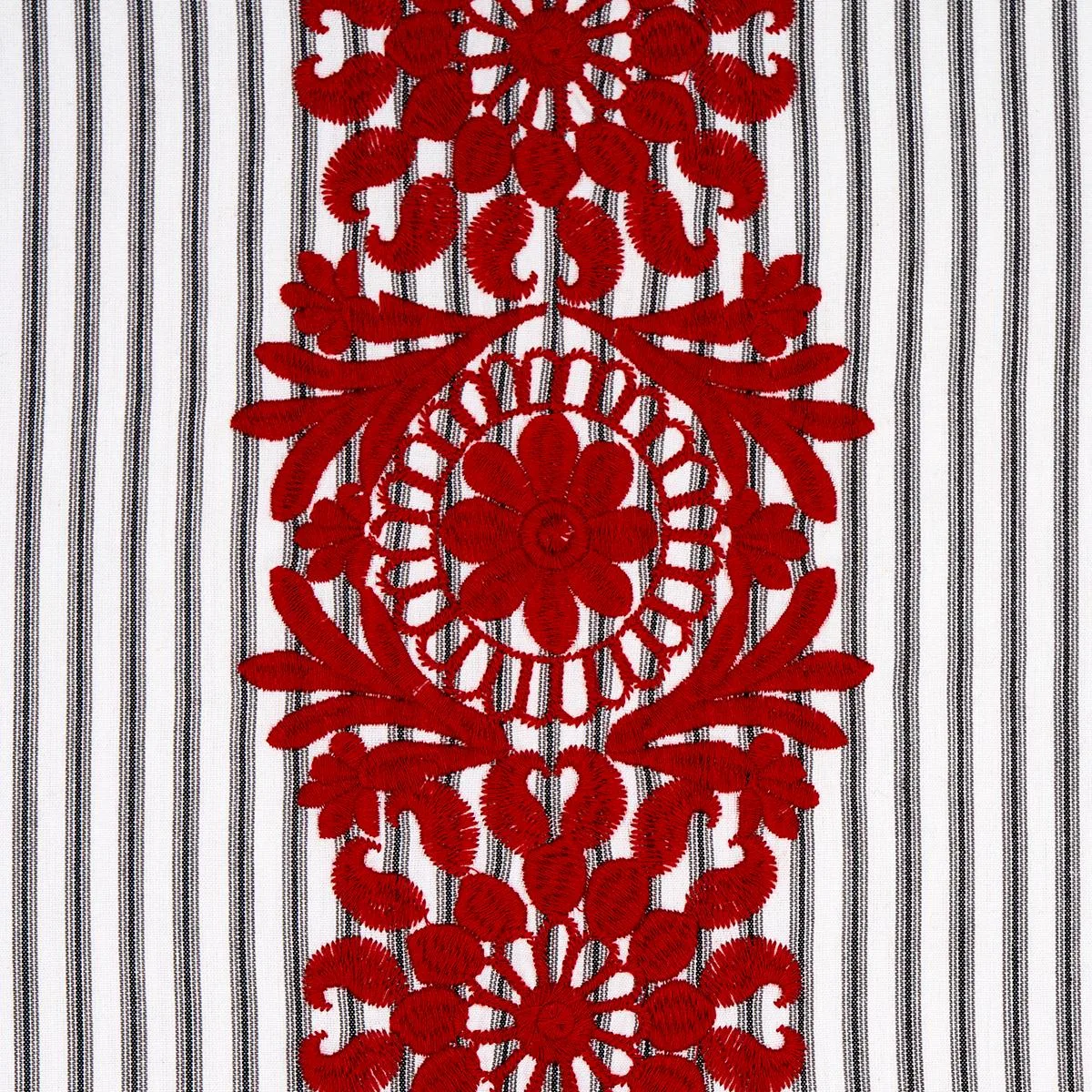 Schumacher 81542 Joelle Stripe Red On Black fabric swatch