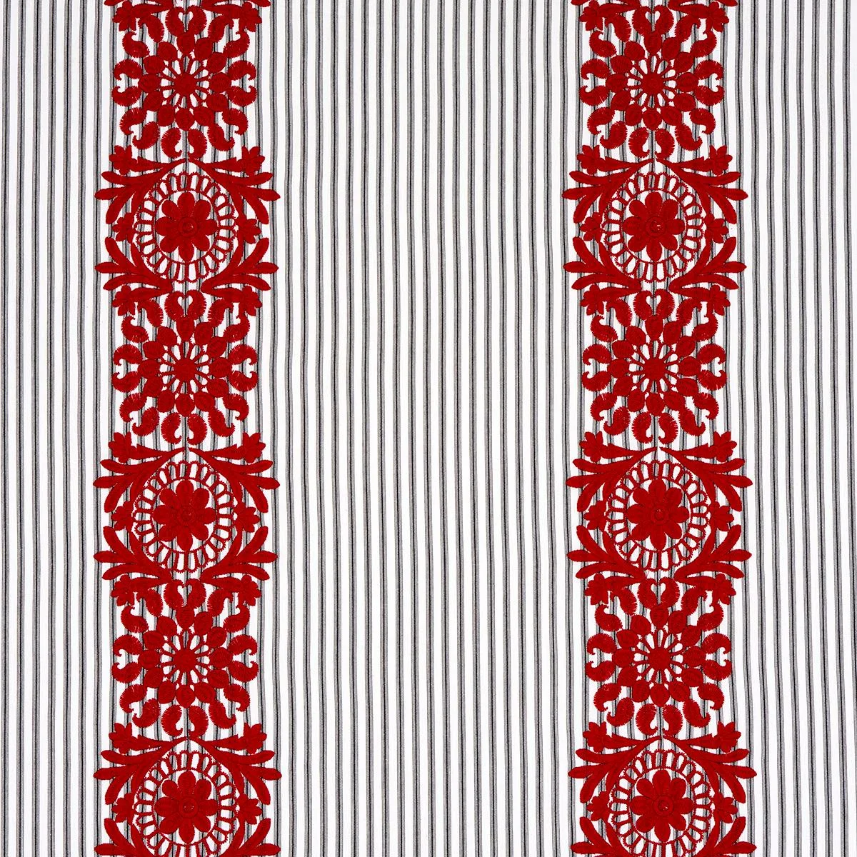 Schumacher 81542 Joelle Stripe Red On Black fabric swatch