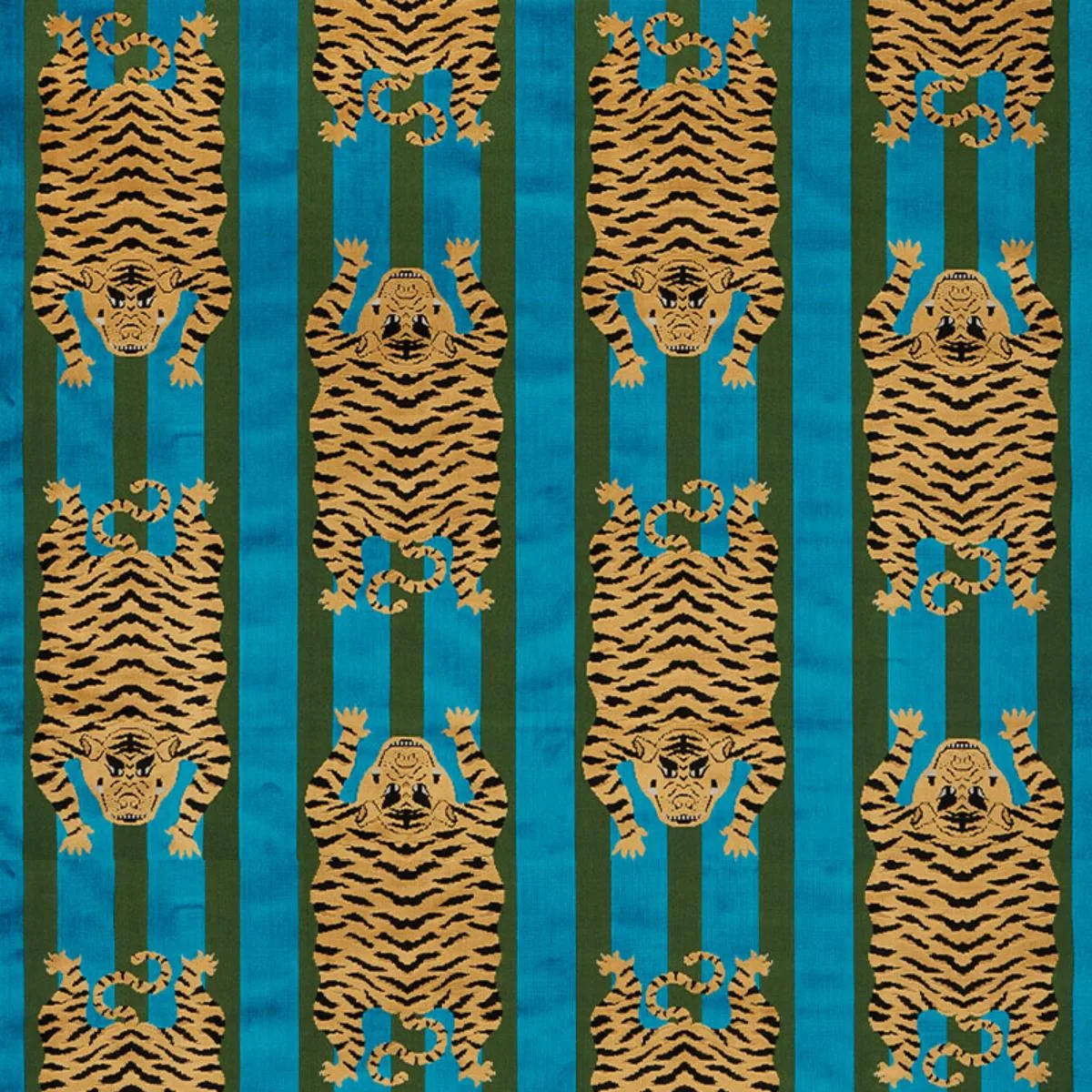 Schumacher 77230 Jokhang Tiger Velvet Peacock & Olive fabric swatch