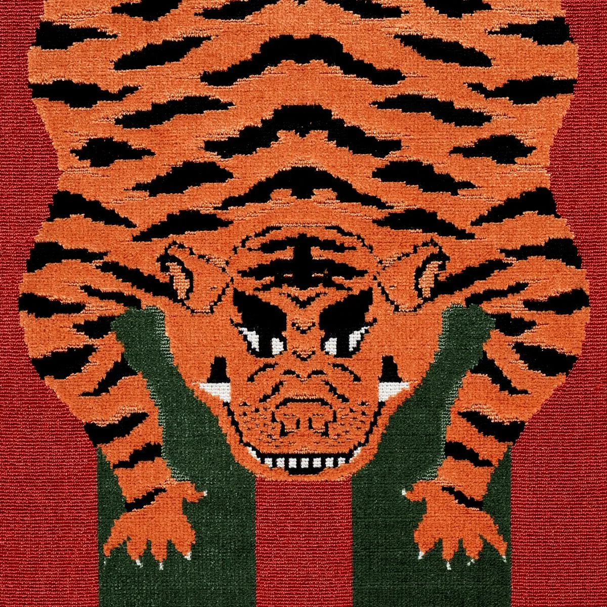 Schumacher 77235 Jokhang Tiger Velvet Red & Green fabric swatch