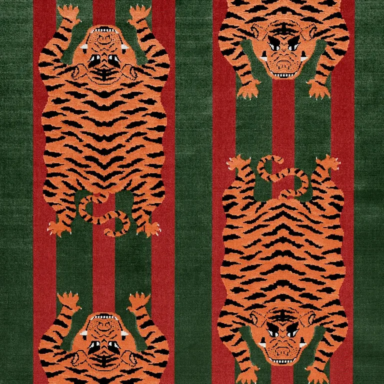 Schumacher 77235 Jokhang Tiger Velvet Red & Green fabric swatch