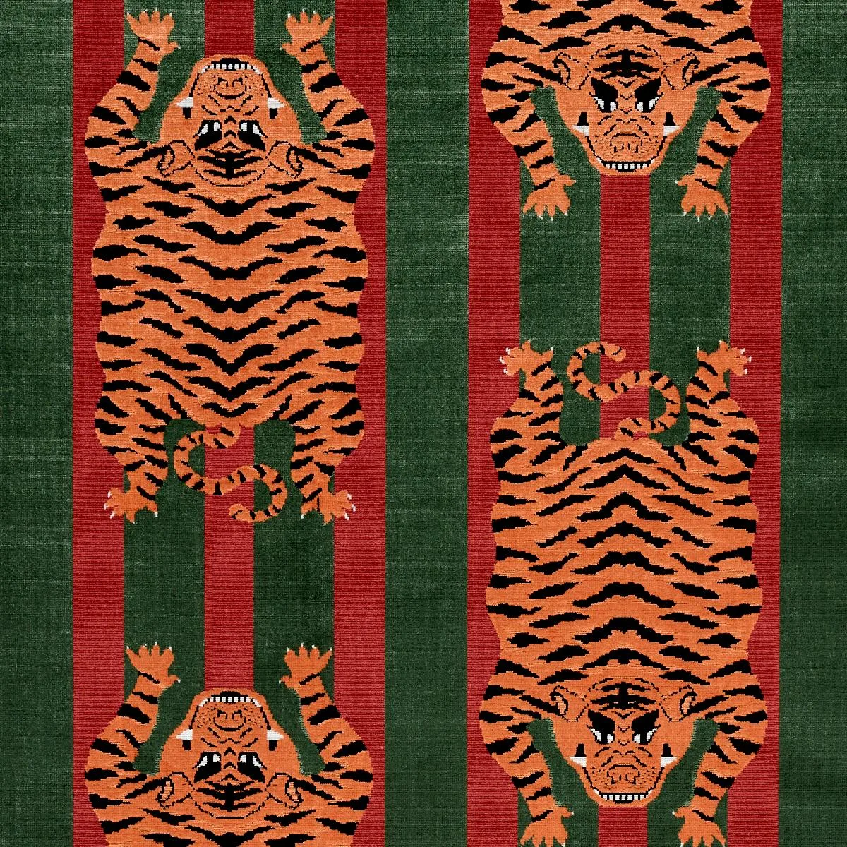 Schumacher 77235 Jokhang Tiger Velvet Red & Green fabric swatch