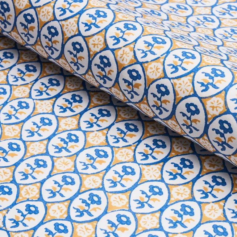 Schumacher 180601 Josiane Floral Yellow & Blue fabric swatch