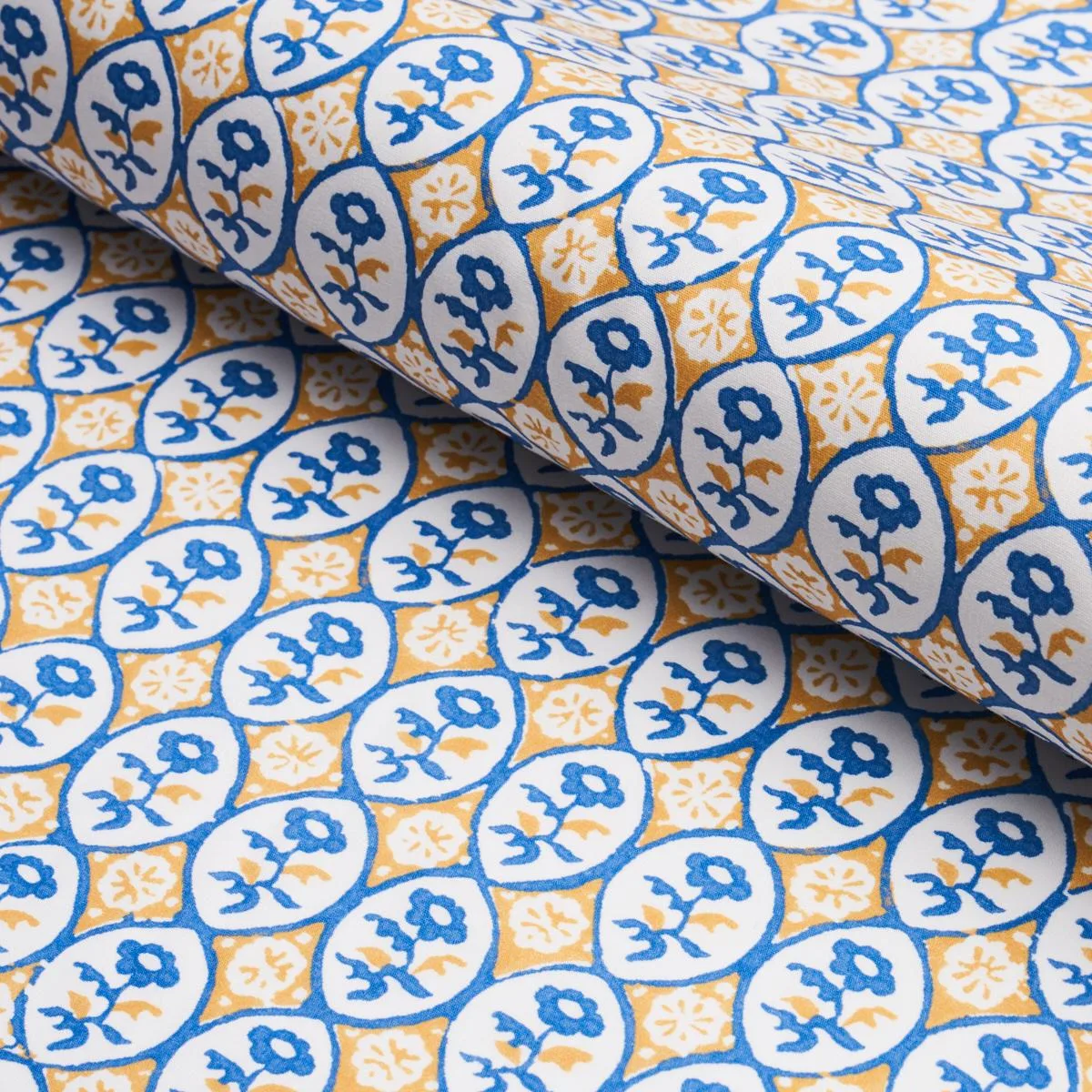 Schumacher 180601 Josiane Floral Yellow & Blue fabric swatch