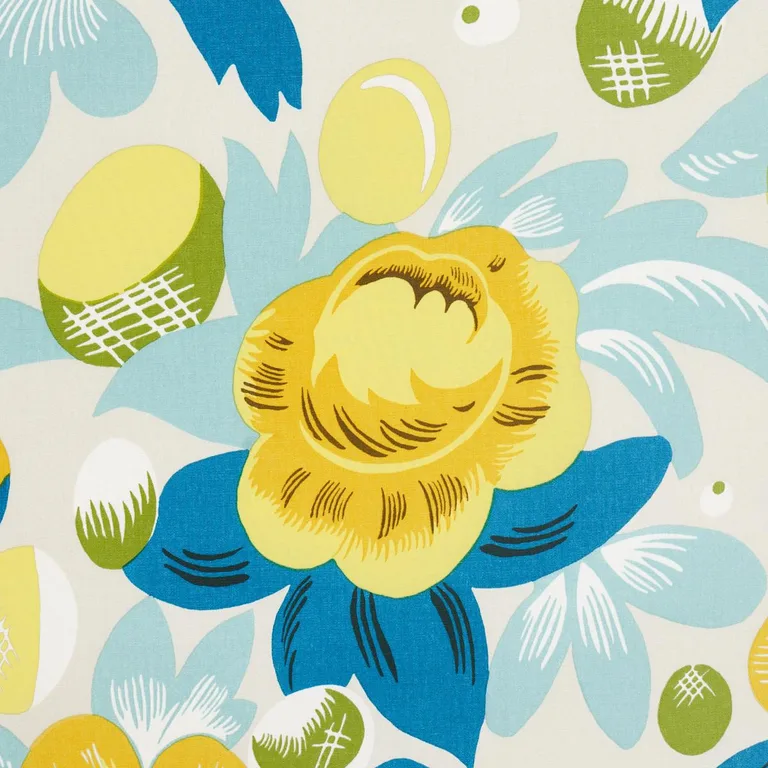 Schumacher 177532 Juin Citron & Peacock fabric swatch